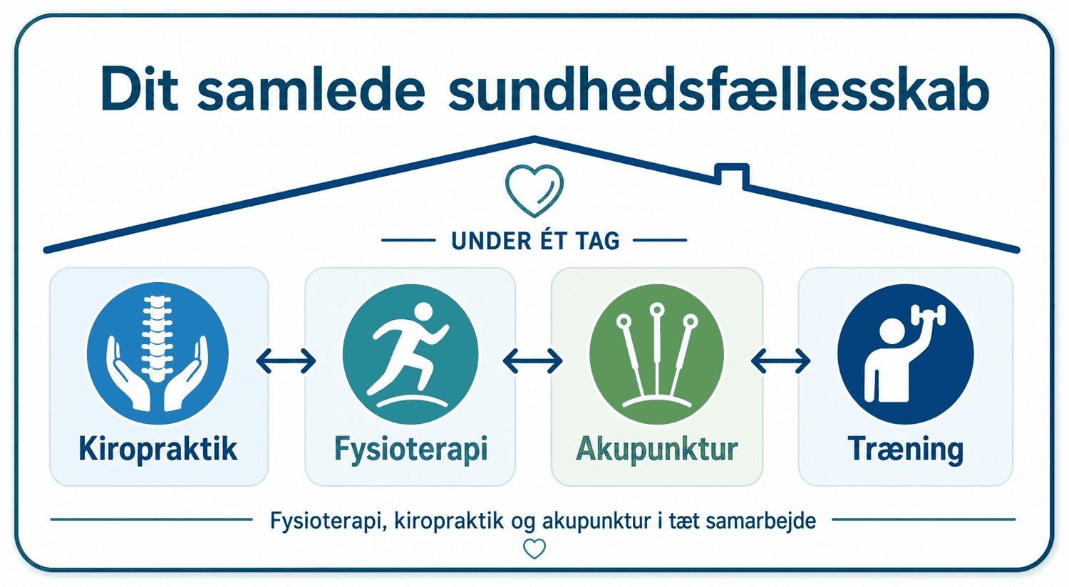 Oversigt over FysioDanmark Brøndbys fagområder: kiropraktik, fysioterapi, akupunktur og træning